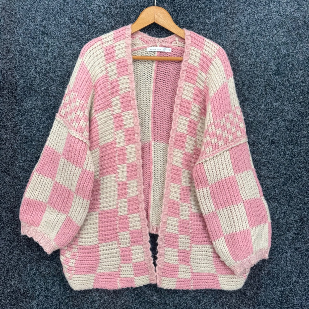 Altar'd State Pink Cream Checkered Chunky Knit Cardigan Sweater L/XL Oversized